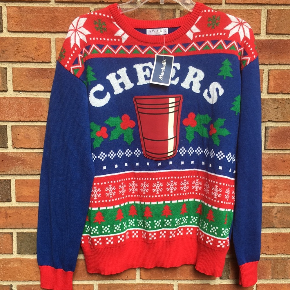 New! Holiday Cheers Ugly Christmas Sweater with Drink Pocket size Large